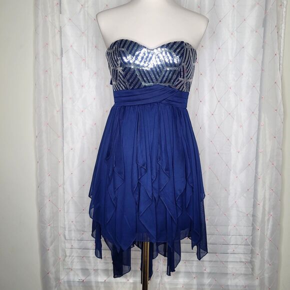 Sequin Hearts Navy Blue Whimsical‎ Fairy Princess Hanky Sharkbite Hem Dress Sz 1 - Picture 1 of 8